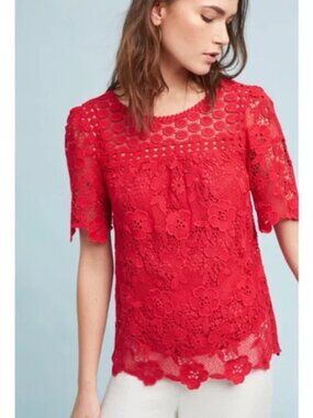 VANESSA VIRGINIA 4 Red Candace Red Crochet Top Lace Short Sleeve